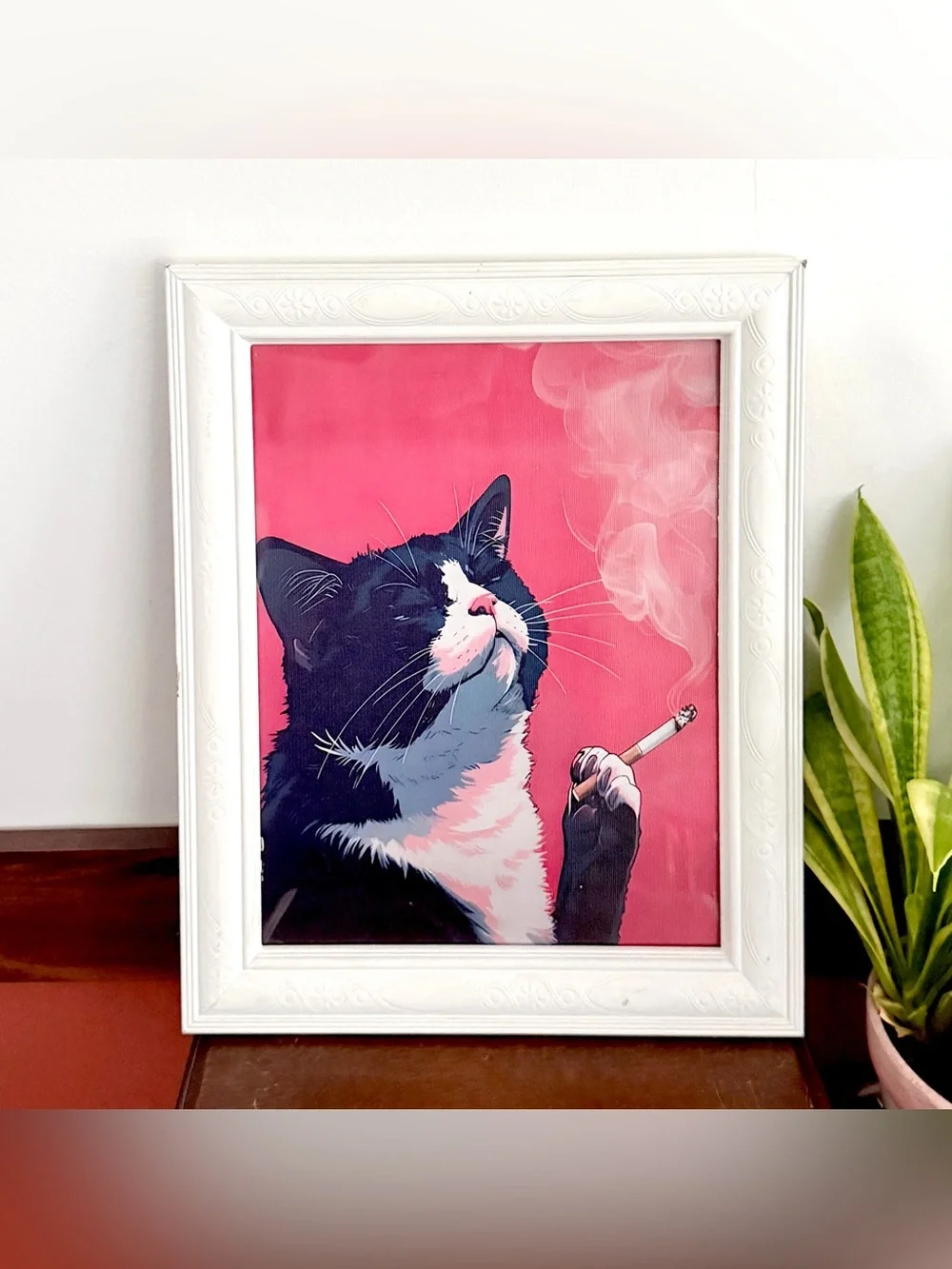 Exhausted Black & White Cat Smoking a Cigarette Pink Canvas Art Print Framed